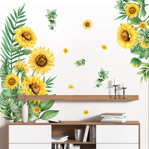Sonnenblume Wandtattoo PVC Floral Grüne Blätter Aufkleber Für Schlafzimmer Wohnzimmer Kinderzimmer Wandkunst Aquarell Stil