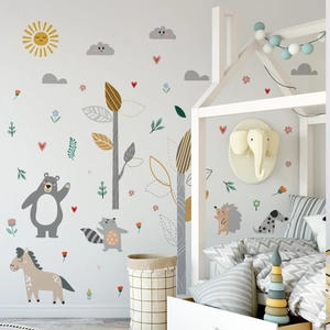 Cartoon Dieren Muurstickers PVC Verwijderbaar Bos Beer Paard Wasbeer Decoratie Voor Kinderkamer Babykamer