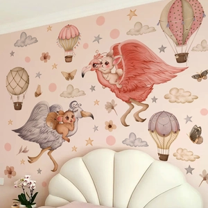 Cartoon flamingo and squirrel wall stickers with hot air balloons for kids room