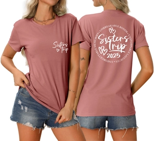 Front and back view of Sisters Trip 2025 graphic t-shirt in dusty rose color
