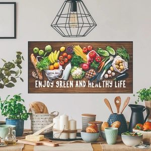 Modern framed kitchen wall art poster featuring fresh vegetables and healthy food icons