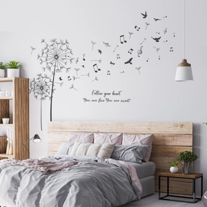 Modern black dandelion and musical notes wall decal with 'Follow your heart' text