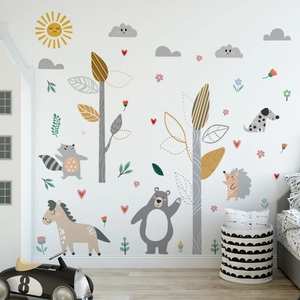 Scandinavische dieren muurstickers met beren en bomen voor decoratie van kinderkamers