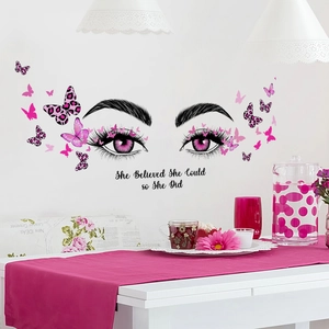 Detail of female eyes wall decal with pink butterflies and inspirational quote