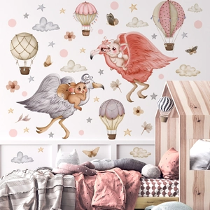 Cartoon Animal Wall Stickers Flamingo Rabbit Squirrel Hot Air Balloon Clouds Watercolor Hand Painted Nursery Decor PVC