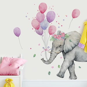 Cute cartoon elephant wall sticker with pink balloons for kids bedroom wall decoration