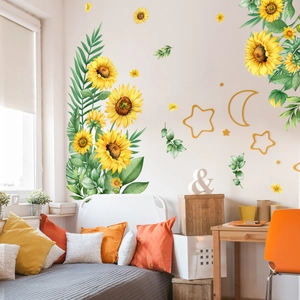 Realistische Sonnenblumen Wandtattoo mit grünen Blättern und Sternen für Schlafzimmer