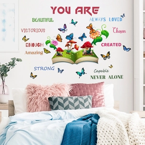 Inspirational wall sticker with butterfly and mushroom book design for bedroom decor