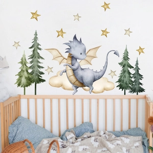 Pegatinas de pared de dragón animado con pinos y estrellas doradas para niños