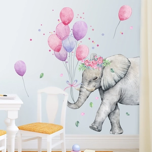Self-adhesive watercolor pink balloon elephant wall decal for kids nursery bedroom decor