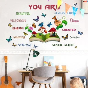 Inspirational book wall decals with mushrooms and butterflies in a cozy room setting