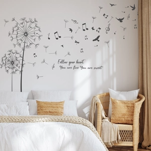Detail showing dandelion and music notes wall decals with Follow Your Heart text stickers