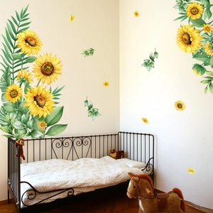 Selbstklebende Sonnenblumen-Wandaufkleber mit grünen Blättern für das Schlafzimmer