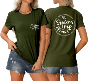 Front and back view of olive green Sisters Trip 2025 cotton T-shirt with heart graphics