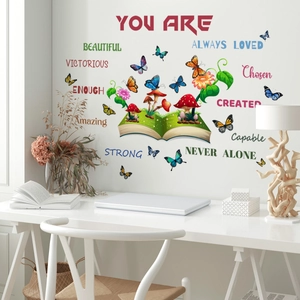Inspirational book wall sticker with mushrooms, flowers, and butterflies for home decor