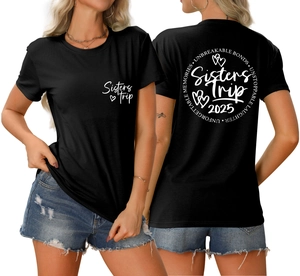 Front and back view of Sisters Trip 2025 black t-shirt with unbreakable bonds slogan
