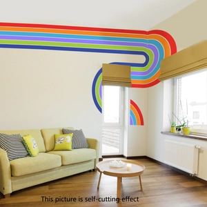 Bohemian rainbow wall decal detail showing self-cutting effect on corner and window