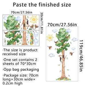Detailed size chart for kids height growth wall decal with tree and bird motifs