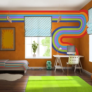 Detail view of retro bohemian rainbow wall decal with colorful flowing S-curve stripes