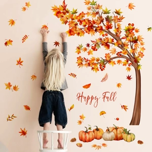 Aquarell Herbst Wandtattoo mit Ahornbaum, Kürbissen und Happy Fall Schriftzug