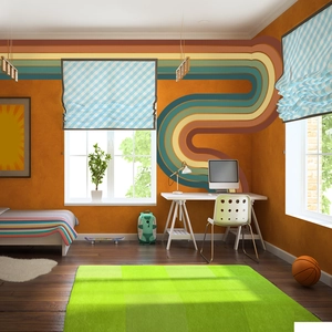 Retro rainbow wall decal in a modern minimalist bedroom with vibrant bohemian stripes