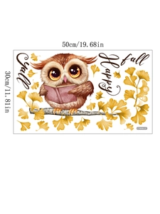 Detail of fall wall sticker showing owl with books and yellow ginkgo leaves