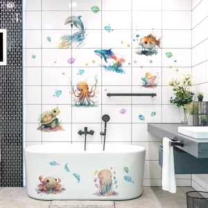 Aquarel zeedieren muurstickers met dolfijn en walvis voor decoratie van de badkamer
