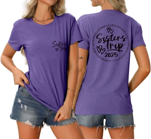 Detail view showing front and back of purple Sisters Trip T-shirt with heart graphics