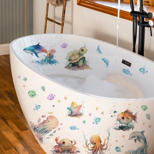 Oceaan Dier Badkamer Stickers PVC Waterdicht Badkuip Decals Aquarel Cartoon Walvis Schildpad Inktvis Kinderen Decoratie