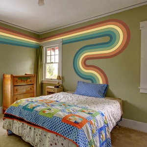 Bohemian rainbow wall stickers and retro patchwork bedding set for children's bedroom decor