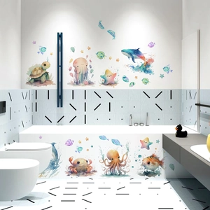 Aquarel muurstickers met zeedieren zoals schildpad en octopus voor de badkamerdecoratie