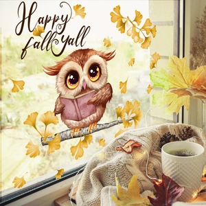 Autumn owl and ginkgo leaves static window stickers for home glass decoration