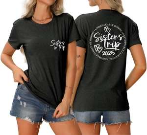 Front and back view of Sisters Trip 2025 dark grey t-shirt with heart graphics
