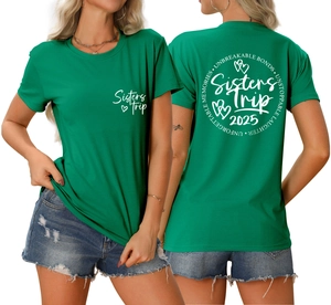 Front and back view of a green Sisters Trip 2025 t-shirt with Unforgettable Memories logo