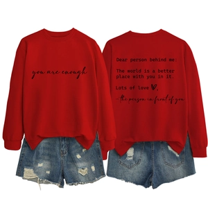 Detailed front and back view of red crewneck sweatshirt with 'you are enough' slogan print
