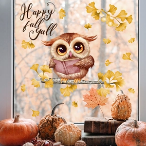 Fall window clings with owl and ginkgo leaves featuring Happy fall y'all text decor
