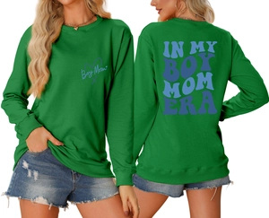 Front and back view of green Boy Mom Era sweatshirt with blue printed lettering