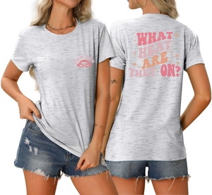 Front and back views of grey Swim Mom t-shirt with What Heat Are They On print