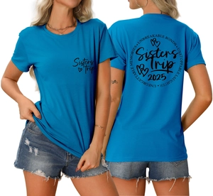 Detailed view of blue Sisters Trip 2025 T-shirt front and back with commemorative print