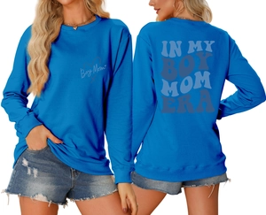 Blue crewneck sweatshirt with 'In My Boy Mom Era' graphic print on both front and back