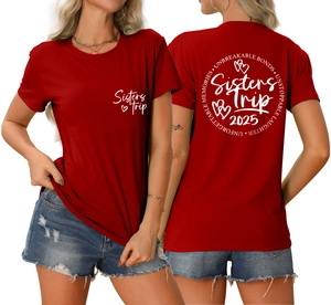 Detail showing red Sisters Trip 2025 graphic print on front and back of the cotton t-shirt