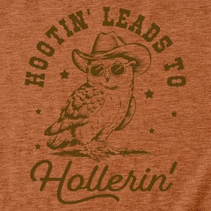 Detail of vintage brick red T-shirt showing retro owl print and textured fabric