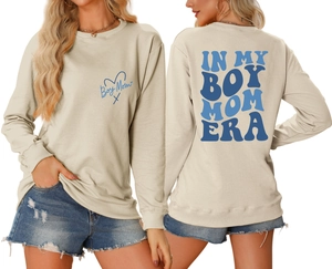 Detailed views of beige Boy Mom sweatshirt featuring front logo and large back print