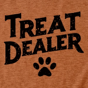 Detail of the high-quality screen printing text and paw print on brown knit fabric