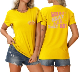 Detail view of yellow T-shirt with pink SWIM MOM print and WHAT HEAT ARE THEY ON text