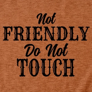 Macro detail of 'Not Friendly Do Not Touch' bold text on terracotta knit fabric