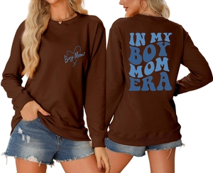 Front and back view of brown Boy Mom Era sweatshirt with blue printed lettering