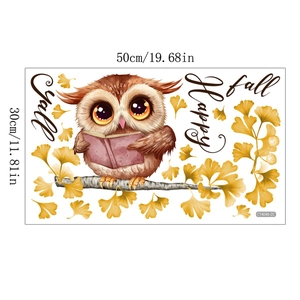 Autumn wall sticker with cartoon owl, golden ginkgo leaves and Happy Fall Y'all text