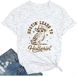 Detail of owl graphic print and side knot on oatmeal grey short sleeve T-shirt
