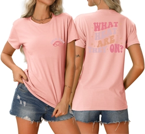 Front and back view of pink Swim Mom T-shirt with What Heat Are They On print